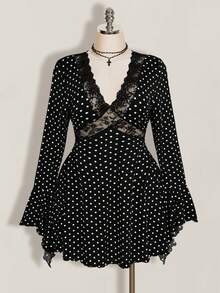SHEIN ICON 女款大尺碼蕾絲拼接圓點圖案黑色洋裝 - 黑與白 - 查看 5