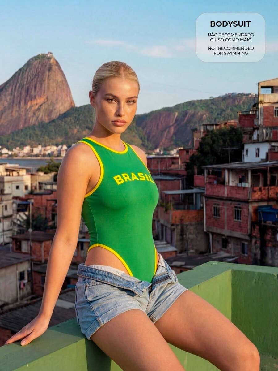 CAJUNI Summer Casual Contrast Color Trim Brazilian Print Sleeveless Bodysuit - Green - View 1