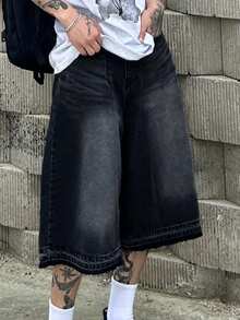 Livesso Black Washed Loose Fit Men's Denim Shorts Summer - Black - View 1