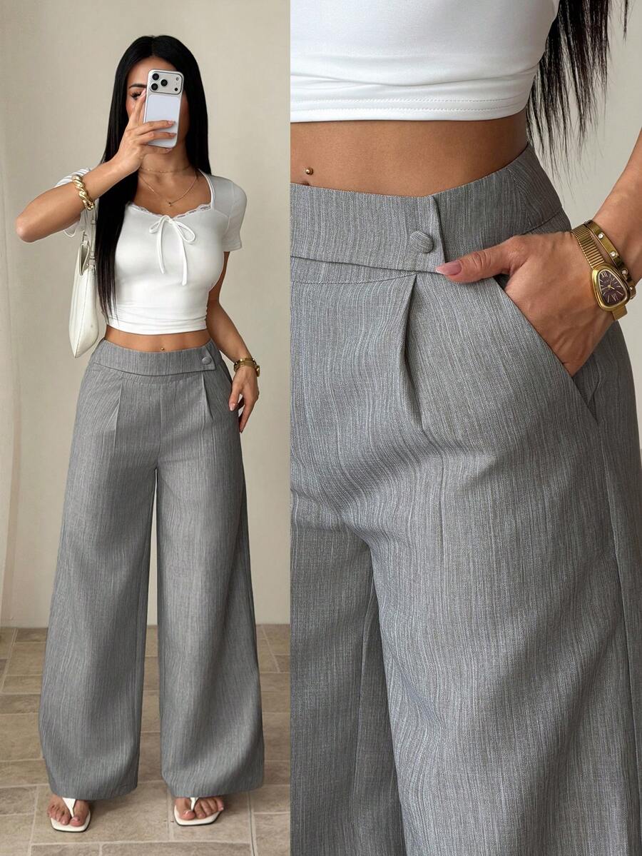 SHEIN PETITE 女款粉色竹纖維面料腰前疊層扣飾設計優雅教師制服專業休閒褲,感恩節萬聖節必備百搭寬鬆飄逸直筒褲,適合嬌小女性 - 深灰色 - 查看 1