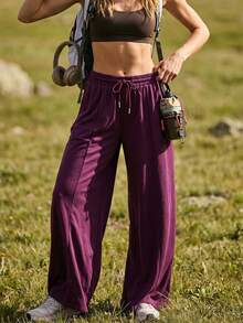 SHEIN Sports Women's Solid Color Drawstring Waist Loose Wide Leg Sports Outdoor Long Pants - Purple - View 6