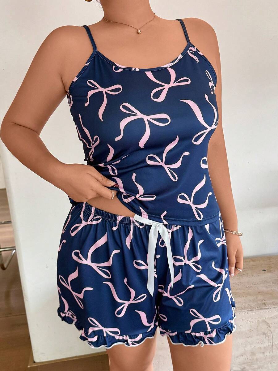 Slumberry CURVE Plus Size Sweet Ins Bow Print Camisole Top And Lace-Up Shorts Pajama Set - Multicolor - View 1
