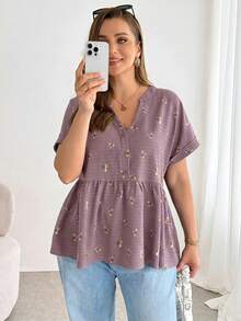 SHEIN Essnce 大尺碼女款春夏時尚休閒寬鬆舒適日常百搭顯瘦V領紋理黑色碎花短袖上衣，女裝襯衫，夏季衣物，度假穿搭，歐式夏季 - 藕粉色 - 查看 6