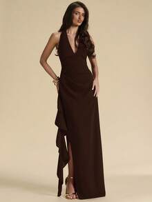 SHEIN BAE Spring & Summer Bridesmaid Dress, Deep V-Neck Halter Sexy Ruffle High Slit Ruffled Wrap Long Red Dress For Women, Elegant Ruffled Maxi V-Neck Dress For Women - Coffee Brown - View 5