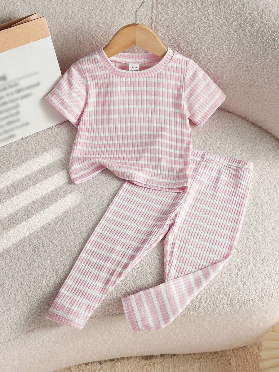 SHEIN 女嬰粉色與白色羅紋套裝,柔軟親膚彈性面料,圓領短袖與長褲設計,舒適休閒百搭,2件套日常穿著 - 藕粉色 - 查看 1