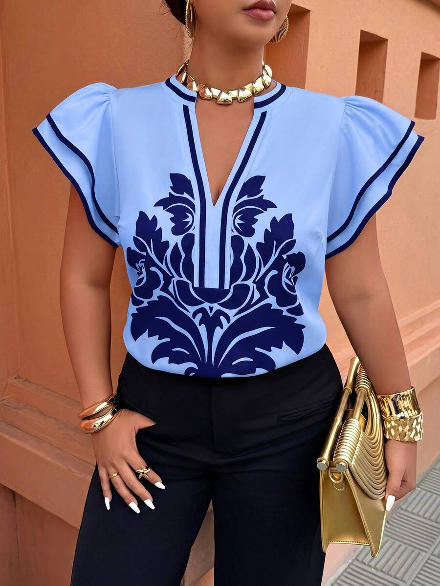 Weeklong Plus Size Women's Floral Print Ruffle Loose Blouse, Casual Holiday Top - Multicolor - View 1