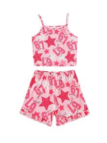 4pcs/Set Girls Cute Cartoon Otter, Teddy Bear, Heart, Number 67, Rabbit, Tie-Dye Gradient, Solid Color, Cartoon Print Sleeveless Camisole Top With Ruffled Hem Shorts Pajama Set, Comfortable Soft Knit Fabric, Casual Daily Wear For Spring/Summer - Multicolor - View 10