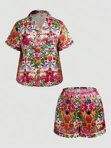 Chillnights Ensemble de pyjama pour femmes grande taille, col à revers, ouverture devant, imprimé oiseau, plante, floral et ananas, jeune, énergique et intéressant - Multicolore - Voir 1