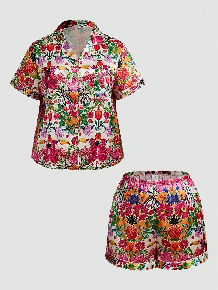 Chillnights Ensemble de pyjama pour femmes grande taille, col à revers, ouverture devant, imprimé oiseau, plante, floral et ananas, jeune, énergique et intéressant - Multicolore - Voir 1