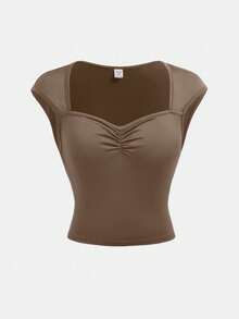 SHEIN Teen Girl Summer Casual Daily Commute Minimalist Versatile Solid Color Sweetheart Neckline Ruched Bust Tank Top - Khaki - View 3