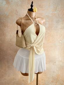 Mistrie 2026 Nouveau top d'été avec détail d'anneau métallique, blanc laiteux, décolleté profond sexy, croisé enveloppant, taille nouée, tenue de plage, gilet d'été pour l'extérieur - Nude - Voir 6