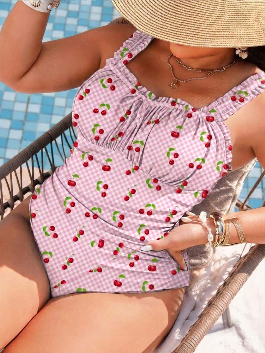 Swim Lushoire 大尺碼女款格紋櫻桃印花連身泳衣,適合海灘度假、泳池派對、海灘派對夏季 - 彩色 - 查看 1