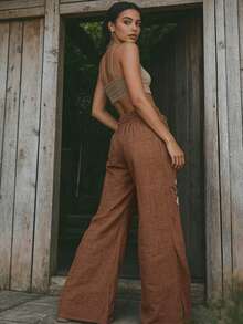 EMERY ROSE Women's Drawstring Waist Floral Print Linen-Like Casual Pants - Coffee Brown - View 4