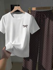 Comfortcana 两件套休闲复古优雅通勤百搭波点蝴蝶结套装，舒适居家服，度假装，女士夏季服装 - 圆领短袖上衣和条纹印花长裤，大码套装 - 彩色 - 查看 4