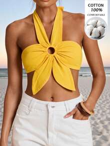 Travachic Women's Fashion Versatile Pleated Circular Hollow Halter Neck Tie Blouse,Summer Top - Yellow - View 4