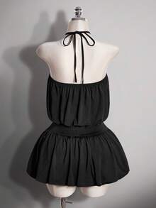 SHEIN ICON Plus Size Women's Solid Color Halter Neck Pleated Sexy Date Party Dress - Black - View 2