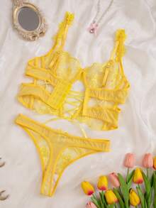 SHEIN Conjunto sexy de 2 piezas transparente con bordado - Amarillo - Ver 2