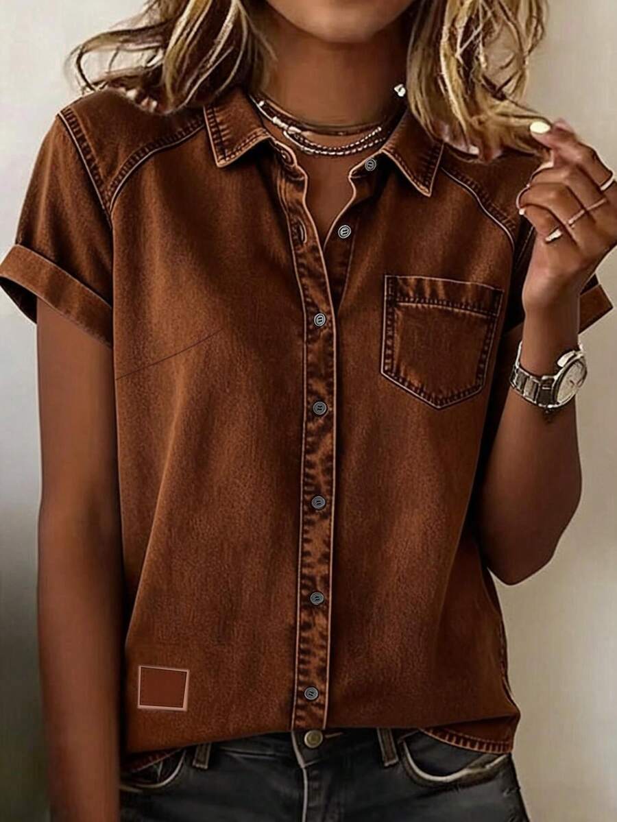 Omancia Women's Summer Casual Commuting Short Sleeve Patchwork Pocket Shirt - Rust Brown - View 1