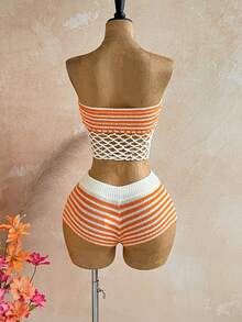 Soleia Women's Orange And White Hollow Out Boho Tropical Cropped Tube Top And Shorts 2-Piece Set Beach Vacation Summer - Multicolor - View 2