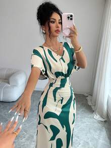 Elenzga Đầm nữ thời trang in họa tiết cổ chữ V tay ngắn nhún eo ôm sát body lãng mạn thanh lịch phong cách thường ngày công sở hẹn hò tiệc tối mùa xuân hè - Nhiều màu - Xem 3