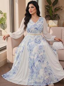 Modelyn Plus Size Women Floral V-Neck Lantern Sleeve Elegant Dress Gym Brown Autumn - Multicolor - View 1