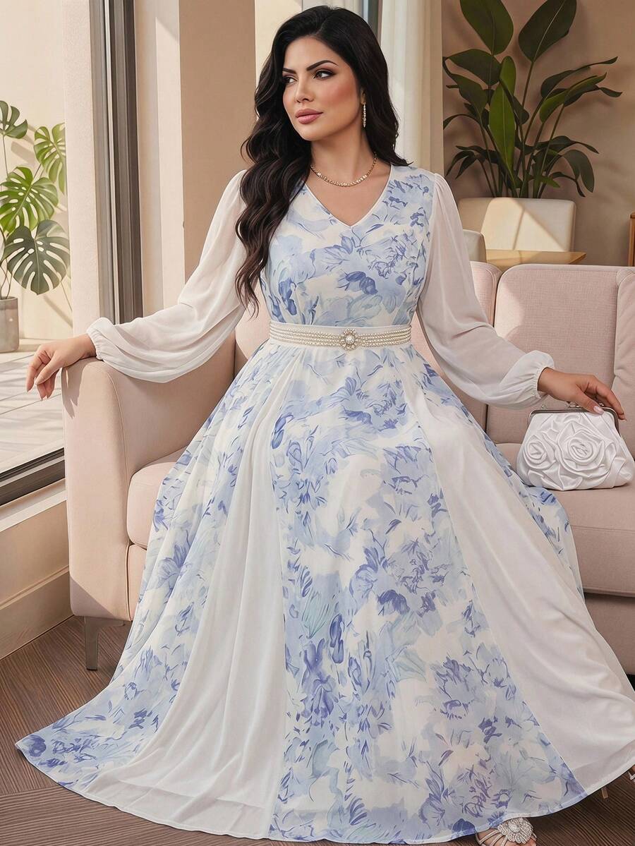 Modelyn Plus Size Women Floral V-Neck Lantern Sleeve Elegant Dress Gym Brown Autumn - Multicolor - View 1
