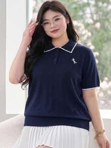 Dazy Plus Solid Color Polo Collar Fitted Short Sleeve Knit Top, Spring, Summer, Autumn - Navy Blue - View 6