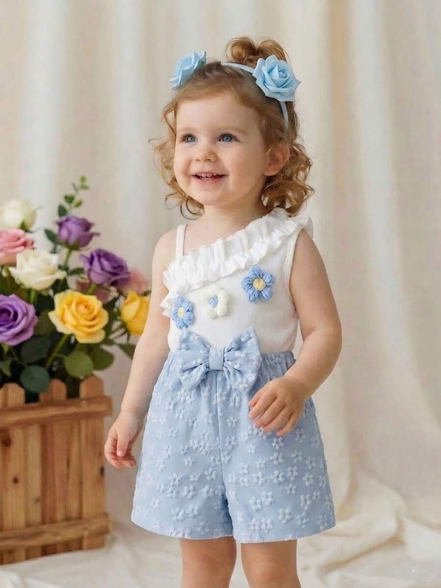 SHEIN Baby Girl Fashion Elegant Asymmetric Shoulder 3D Floral Bow Romper Summer - Blue - View 1