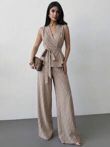 Firerie 女款夏季極簡優雅時尚日常通勤寬鬆百搭休閒V領無袖收腰彈性腰直筒褲米色兩件套，女款休閒套裝，女款夏季穿搭，度假穿搭 - 咖啡棕 - 查看 4