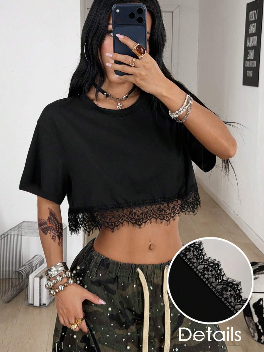 Coolane 女士春夏节日街头风复古Y2K脏旧圆领短袖T恤 - 黑色 - 查看 1