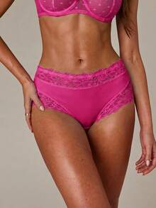 SHEIN BAE 1pc Women Solid Color Lace Patchwork Bikini Panty - Hot Pink - View 5