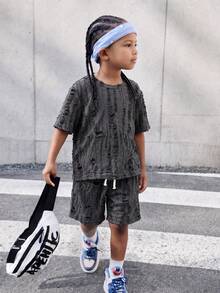 Young Boy T-Shirt Set Loose Straight Leg Basic Crew Neck Short Sleeve, Fabric With Distressed/Hollowed Out Texture Treatment, Asymmetric Wear, Frayed Edges And Hollowed Out Texture Make The Basic Dark Gray Fabric Instantly Have A Vintage Street Style, With A Brand Design Sense, Bottoms Are Loose Straight Leg Shorts, Shorts Also Continue The Same Style As The Top - Black - View 3