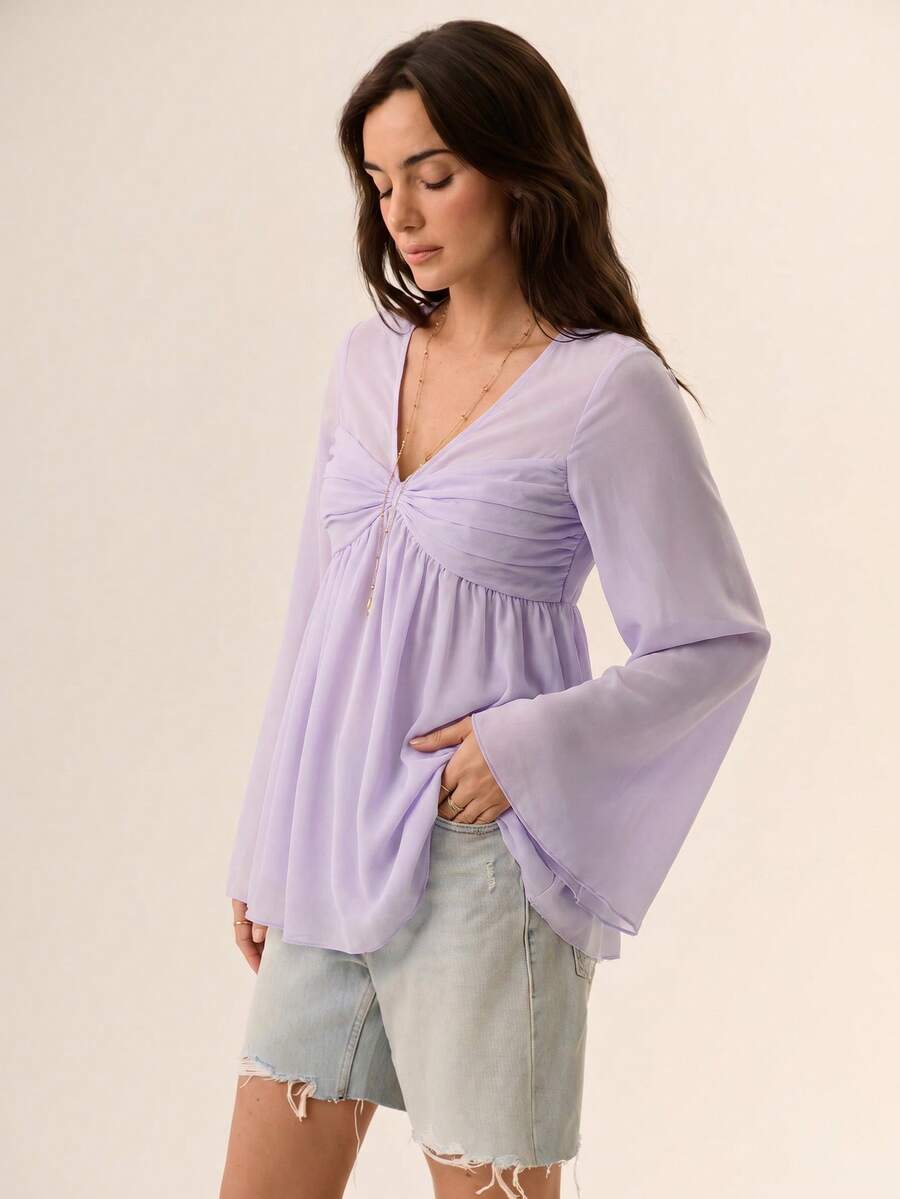Willow Rêve Waist Pleated Flowy Long Purple Chiffon V-Neck Long Sleeve Blouse For Women - Dusty Purple - View 1