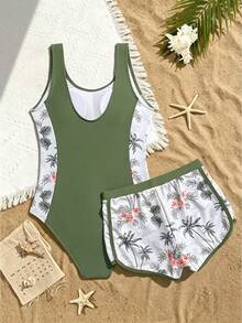 SHEIN 青少年女孩一件式泳衣，適用於青少年女孩，度假、休閒、運動風，軍綠色泳衣，熱帶椰子樹印花，針織面料，雙肩一件式泳衣，兩件式泳衣，一件式泳衣 + 四角泳褲，時尚、休閒、精緻、華麗、淑女風，適合游泳、夏季度假、海灘、海邊、游泳池、夏季派對、休閒度假 - 墨綠色 - 查看 2