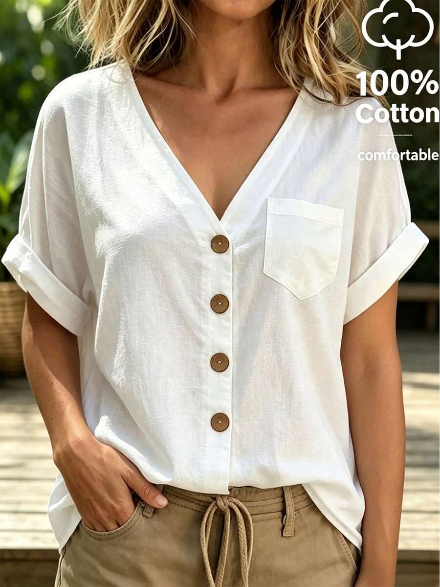 Áo sơ mi nữ cỡ lớn cổ chữ V tay cánh dơi ngắn tay, có túi và cúc, chất liệu cotton thoải mái, áo mùa hè cho nữ, áo đi nghỉ mát, áo trắng mặc thường ngày đi biển. - trắng - Xem 1