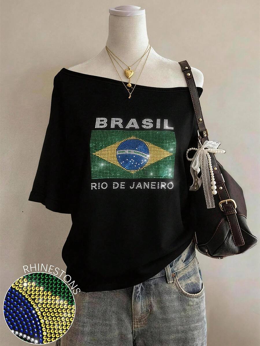 Lalippa Shiny Brazil Pattern Rhinestone Embellished Minimalist Women Round Neck T-Shirt, Gift For Friends - Black - View 1