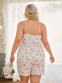 CottageSlumber Plus Size Women's Pajama Set,Pink Summer Night Jacquard Knit Fabric,Ditsy Floral Patchwork Lace Trim Bowknot Pastoral Sweet Camisole And Shorts Set - White - View 5