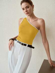 MOTF PREMIUM WOMEN'S SUMMER CASUAL VACATION CONTRAST TRIM ONE SHOULDER FITTED TOP - Ginger - View 5