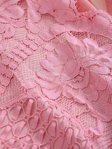 Weeklong Plus Size Women's Spring/Summer Lace Patchwork Nude Base Layer Long Sleeve Cinched Waist Casual Vacation Jumpsuit - Pink - View 3