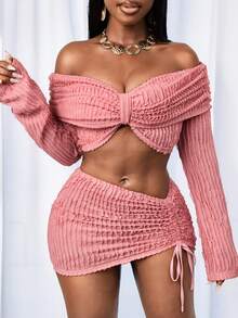 SHEIN BamGlam Conjunto de 2 piezas para mujer con top corto de hombros descubiertos de unicolor y falda con cordón - Rosa - Ver 4