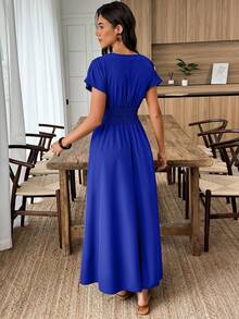Elouméa Đầm midi nữ màu trơn, eo nhún sâu, xếp ly, phong cách thường ngày cho kỳ nghỉ - Blue Power - Xem 2