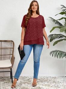 EMERY ROSE Women's Plus Size Red Round Neck Polka Dot Blouse - Burgundy - View 5