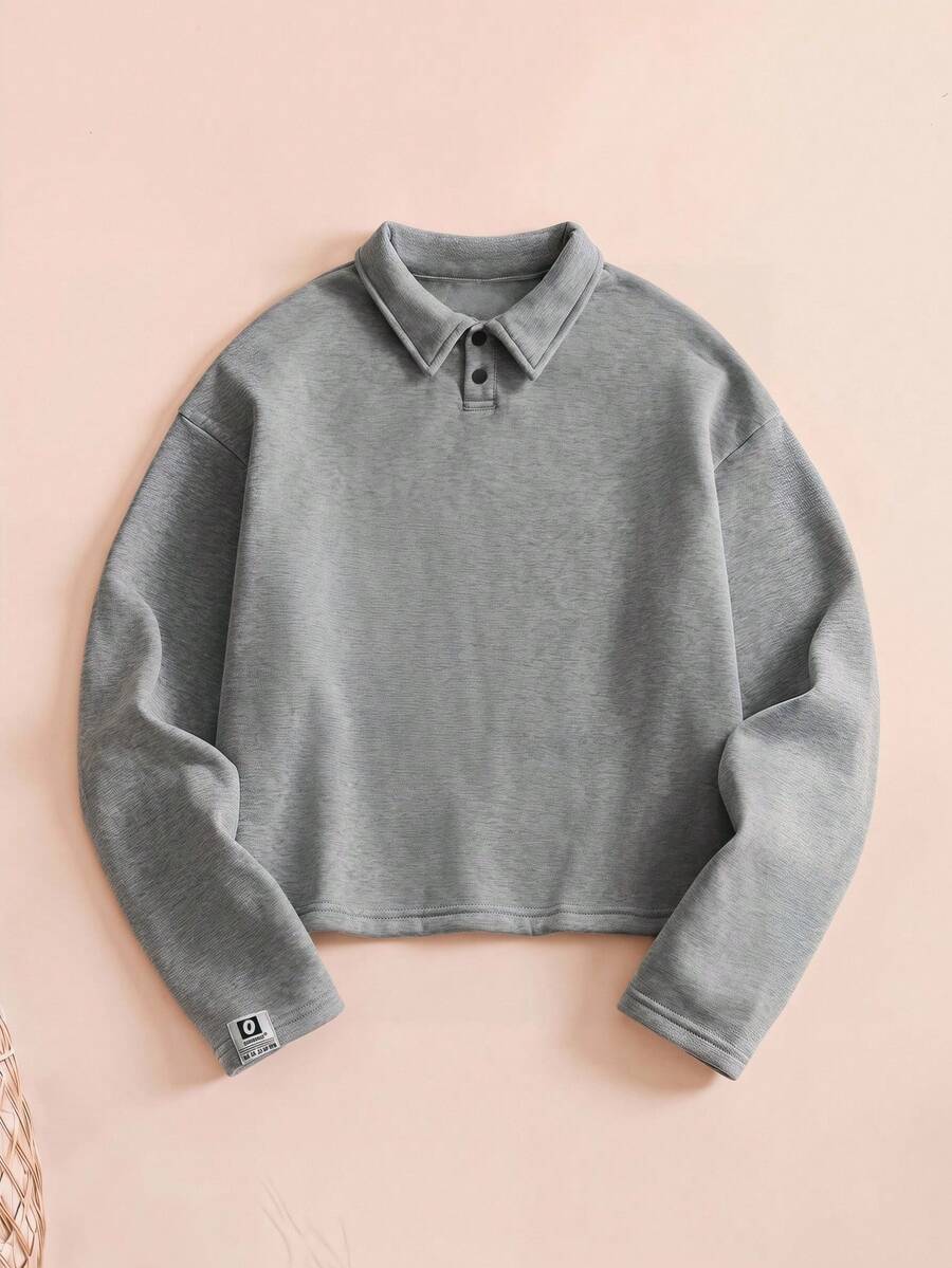 Knitted Fashionable Casual Men's Plain Long Sleeve Half Placket Loose Polo Shirt, For Friends, Fall - Grey - View 1