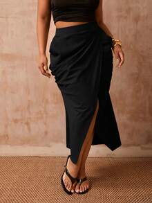 2026 Spring/Summer Elegant Commute & Casual Pleated Midi Skirt, Suitable For Birthday Party, Plus Size - Black - View 12