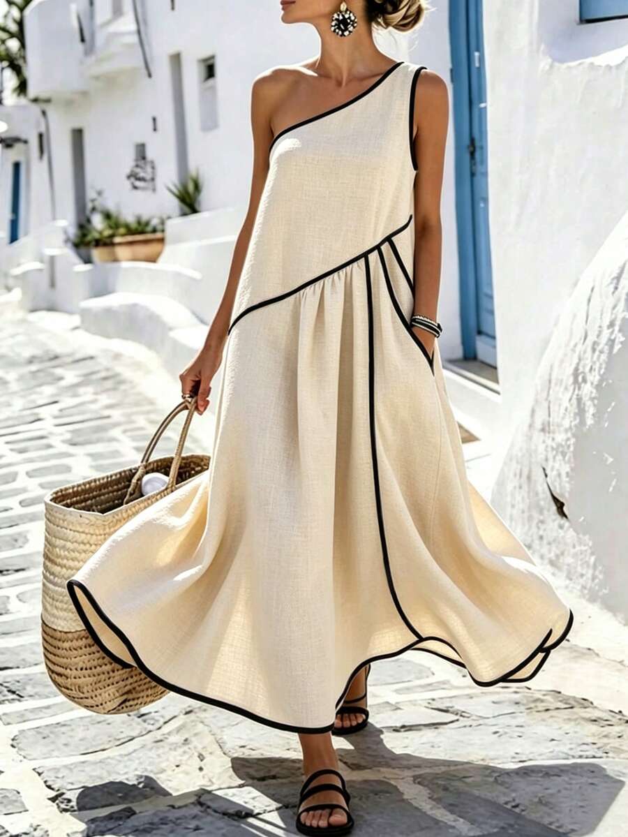 EMERY ROSE Vestido de un solo hombro con bloques de color para mujer de talla grande - Albaricoque - Ver 1