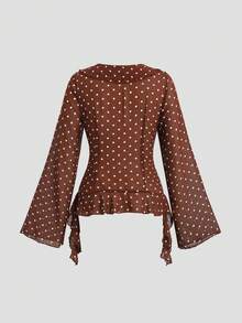 Firerie Women's Ruffle Tie Front Open Front Bell Sleeve Chiffon Floral Print Fall Clothes Blouse - Coffee Brown - View 2