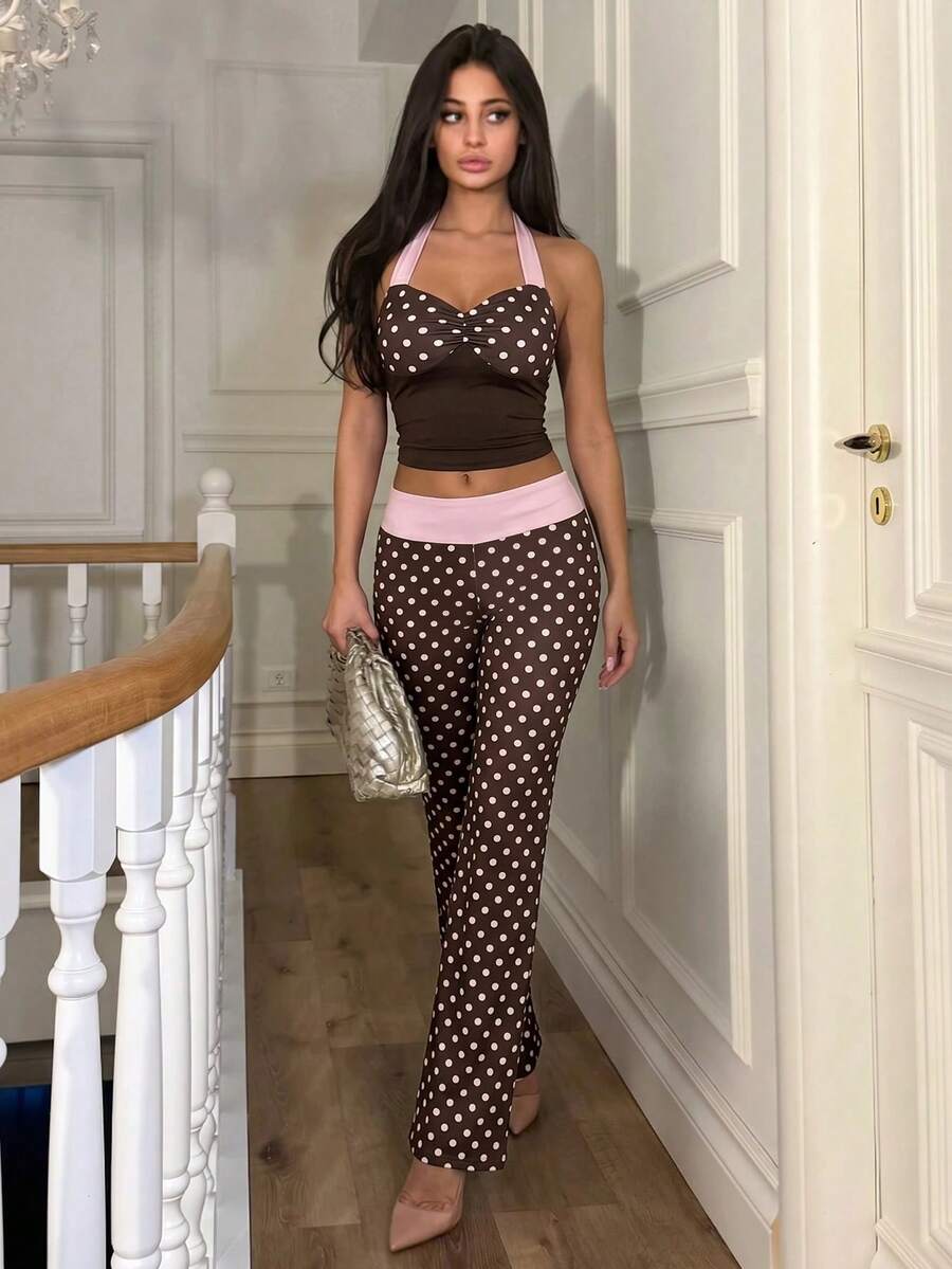 Ronhire 2 Piece Sets Brown And Pink Color Wave Point Sexy Backless Sleeveless Top Pants Set,Streetwear,Autumn And Winter Set,Concert Set,New Year Set Summer - Multicolor - View 1