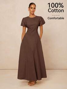 Lumalex 100%Cotton Women's Solid Color Casual Everyday Elegant Casual Pure Cotton Waist A-Line Long Dress Comfortable Bamboo Cotton Puff Sleeves Dress, Back To School Season Dress, Dresses For Women Elegant,Modest Dresses For Women Spring Party Casual - Brown - View 5
