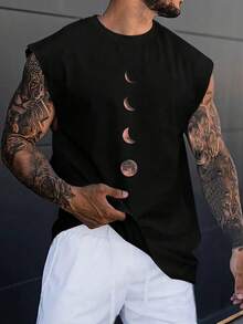 Manfinity LEGND Men's Wide Strap Vintage Sleeveless Tank Top With Moon Graphic Print For Spring/Summer, Vacation, Rave, Friends, Holiday - Black - View 1