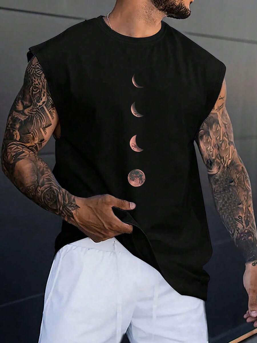 Manfinity LEGND Men's Wide Strap Vintage Sleeveless Tank Top With Moon Graphic Print For Spring/Summer, Vacation, Rave, Friends, Holiday - Black - View 1
